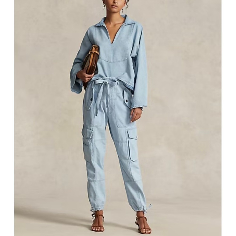POLO RALPH LAUREN Cotton Twill Cargo Pant Womens 4 Light Blue Tapered Drawstring